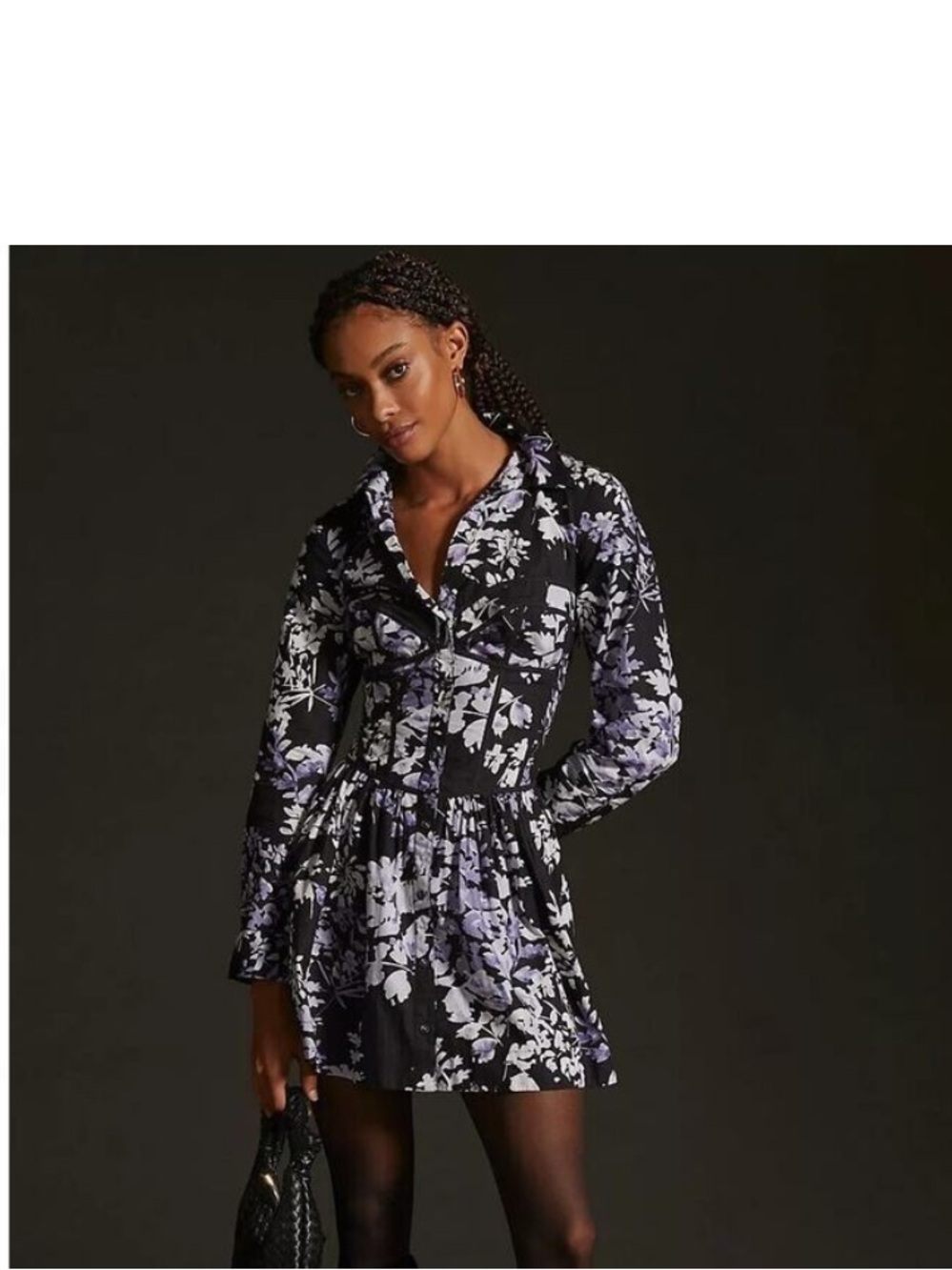 Anthropologie Corset Shirt Dress Black Purple Floral Long Sleeve Size 4